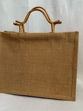 Natural Jute Tote with Bamboo Handles MED 13.5"WX10"HX7"D Eco-Friendly Reusable